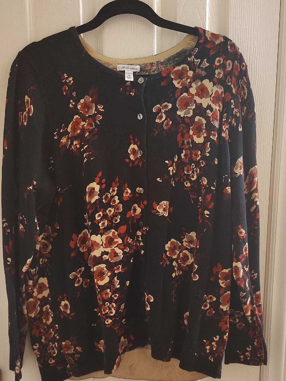 Coldwater Creek Black Floral Button-Up Cardigan with Warm Blooms